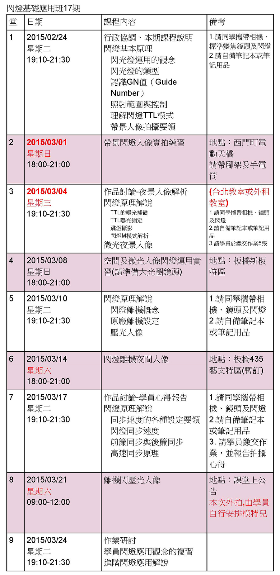 閃燈基礎班第17期課表