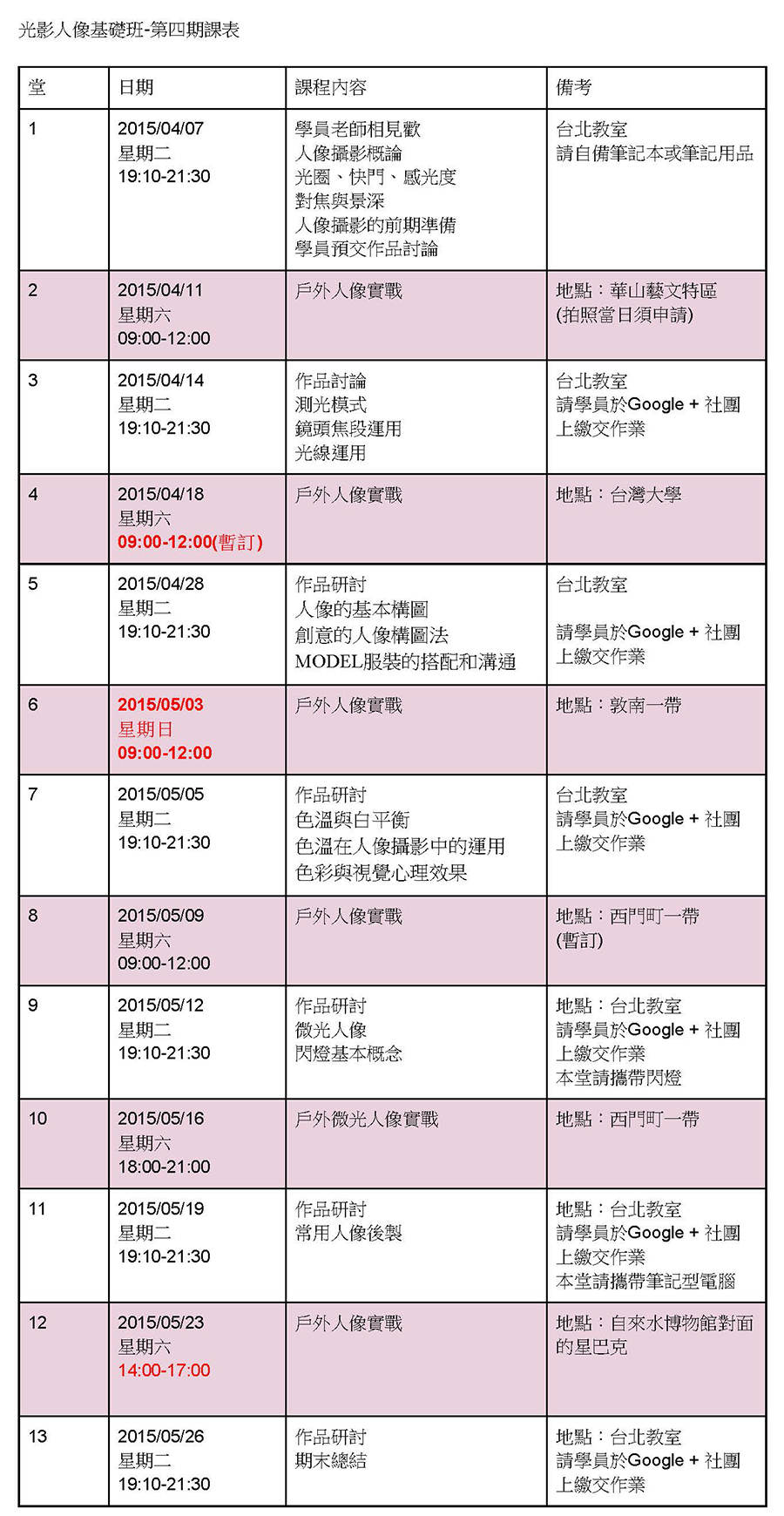 人像四期課表