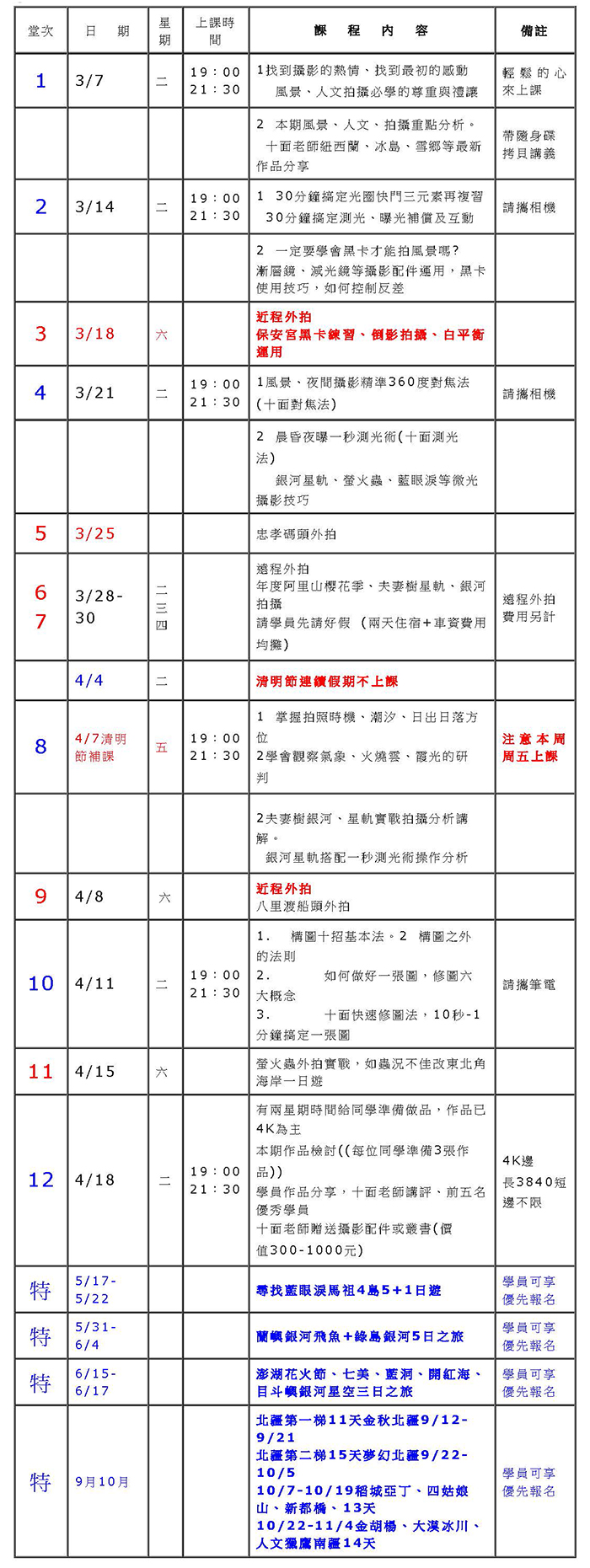 18期課表